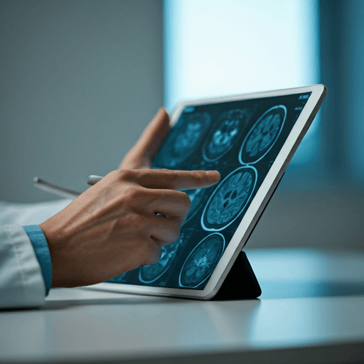 Dokter meninjau pemindaian medis pada tablet di klinik modern.