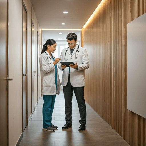 Tenaga kesehatan berdiskusi dengan tablet di koridor klinik minimalis.