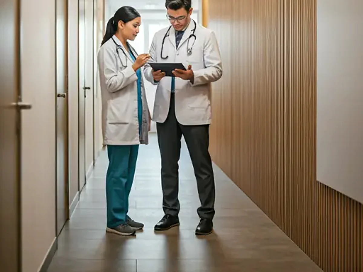 Tenaga kesehatan berdiskusi dengan tablet di koridor klinik minimalis.
